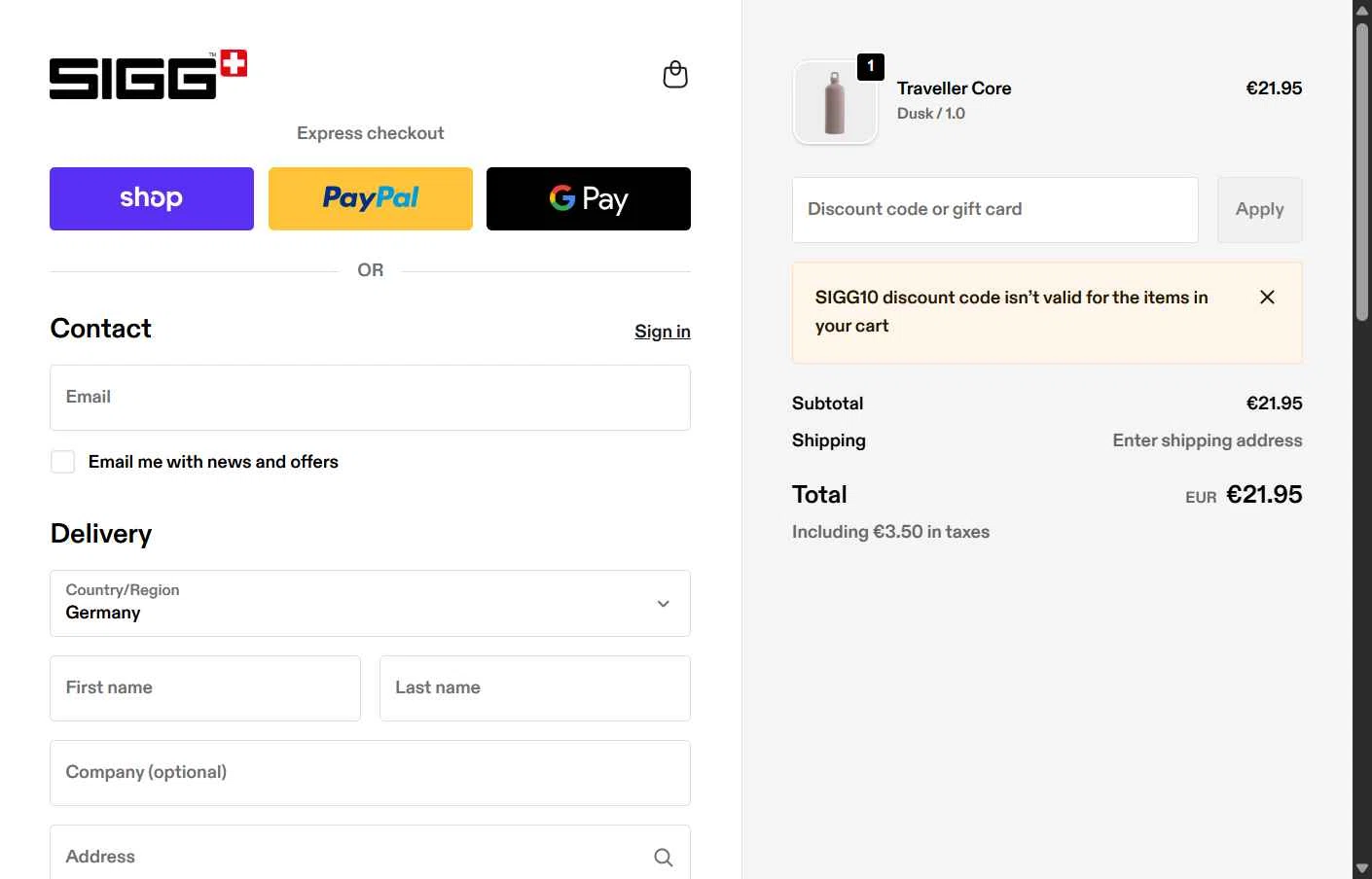 SIGG checkout page showing SIGG promo code box | Screenshot taken by SimplyCodes community member on Feb 12, 2026