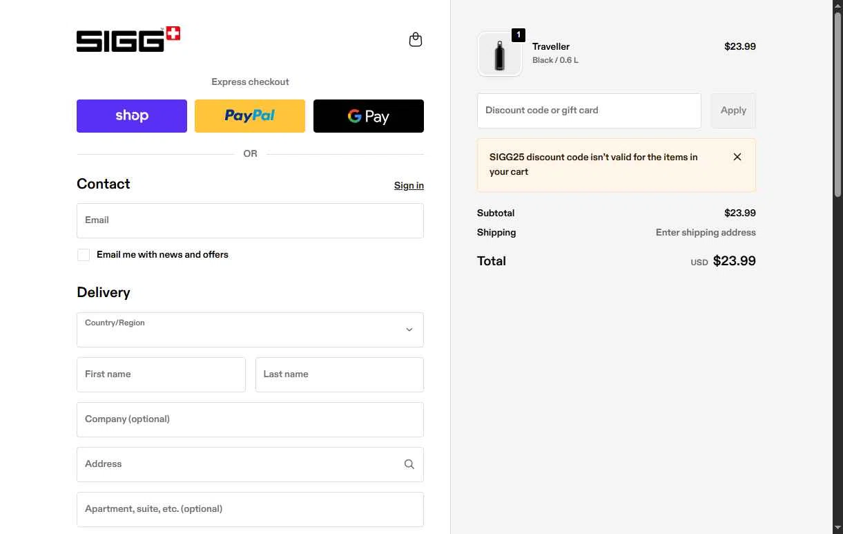 SIGG checkout page showing SIGG promo code box | Screenshot taken by SimplyCodes community member on Jan 22, 2026