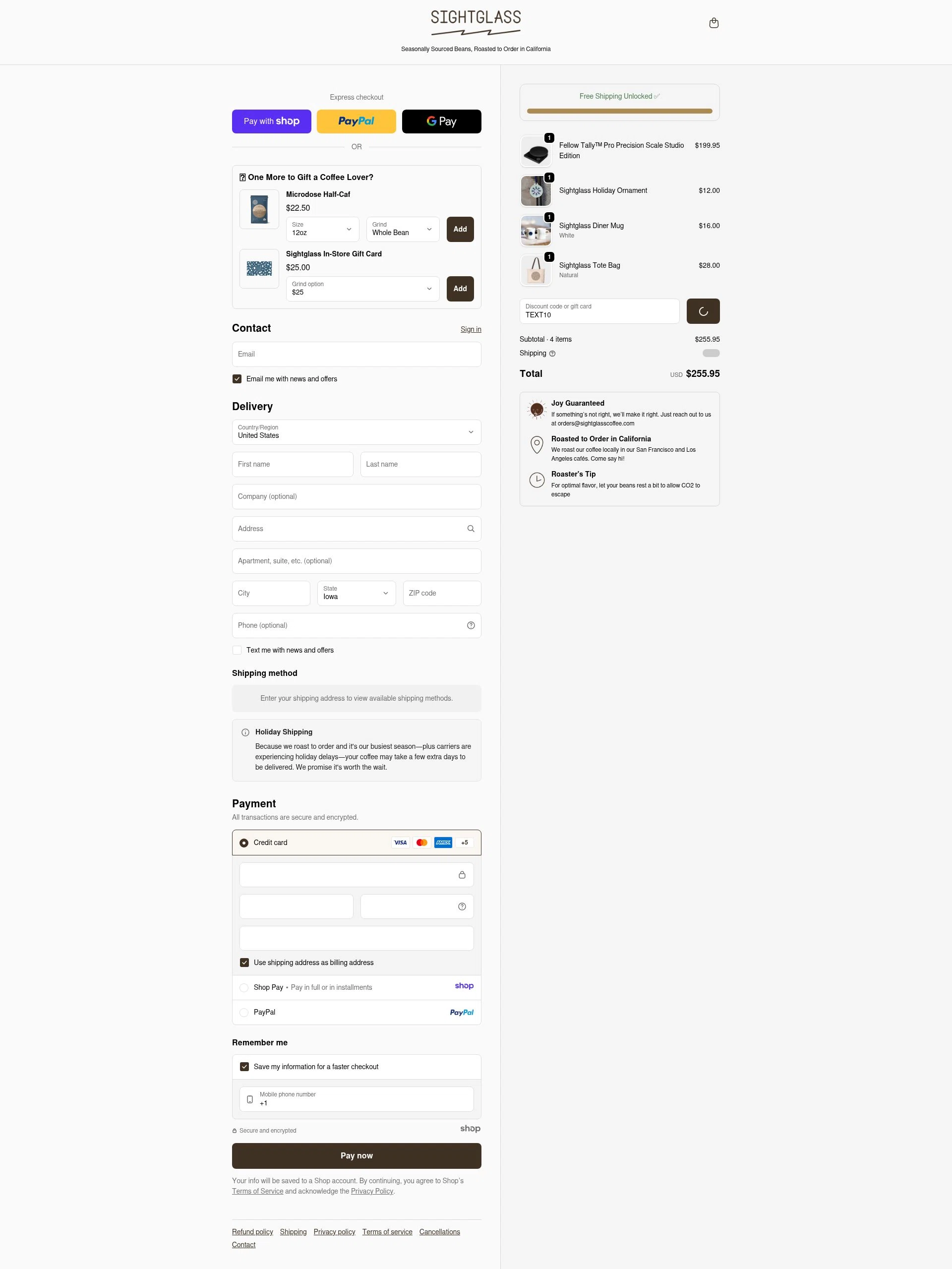 Sightglass Coffee checkout page showing Sightglass Coffee discount code box | Screenshot taken by SimplyCodes community member on Jan 7, 2026