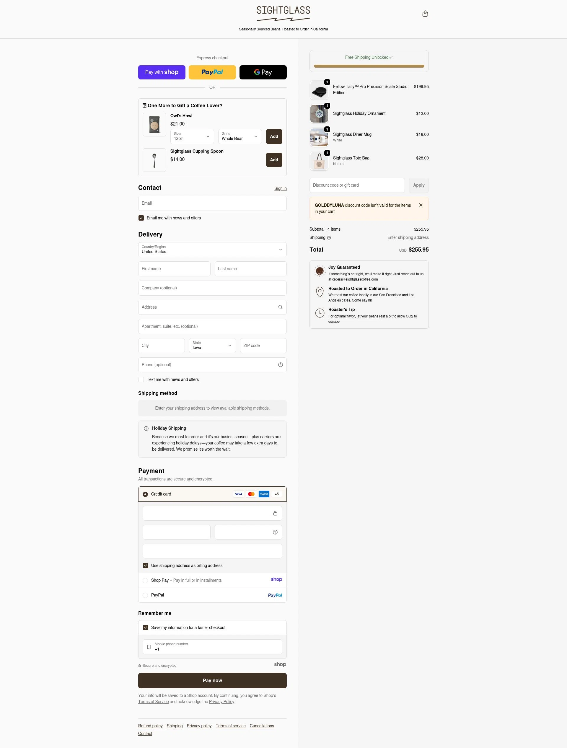 Sightglass Coffee checkout page showing Sightglass Coffee discount code box | Screenshot taken by SimplyCodes community member on Jan 7, 2026