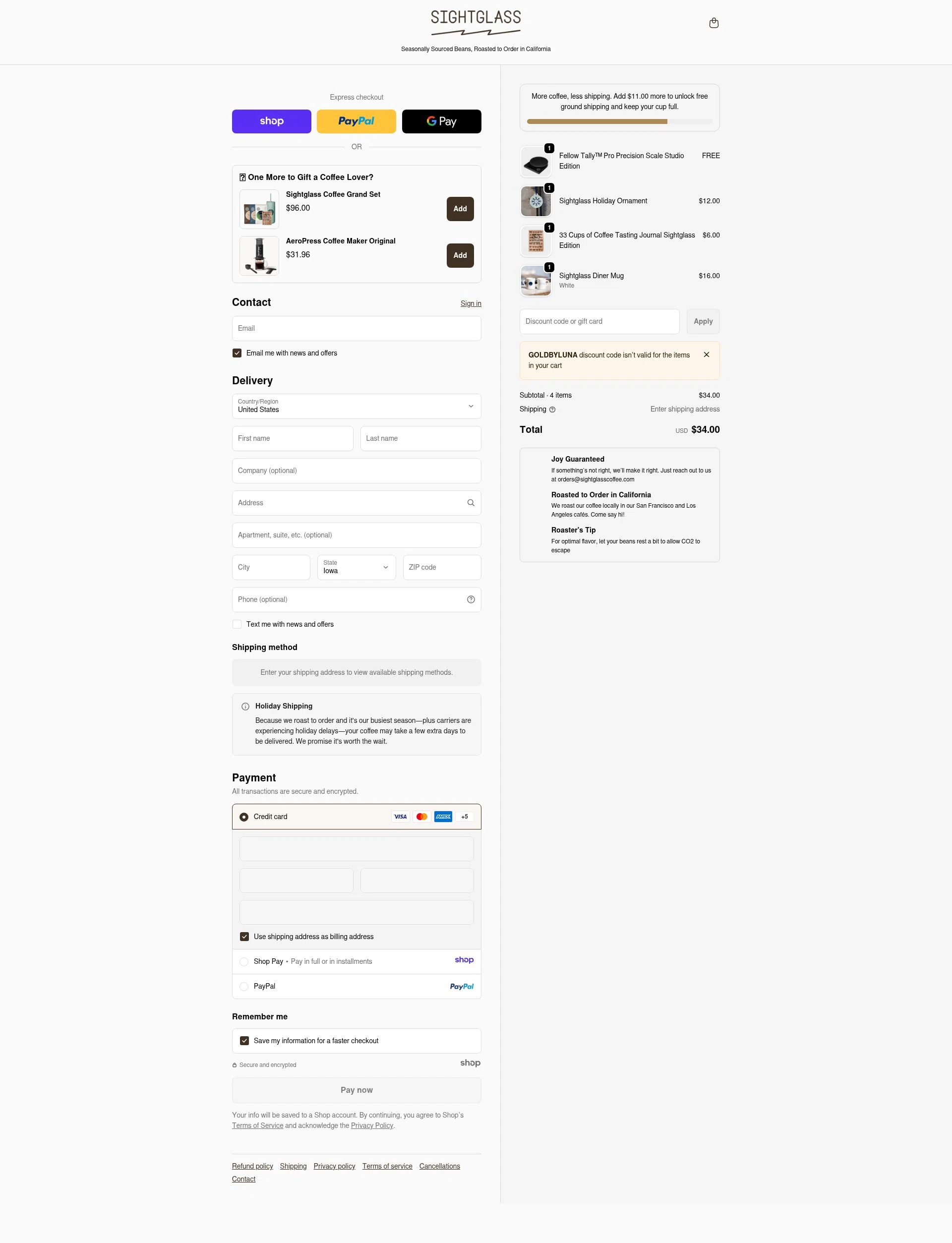 Sightglass Coffee checkout page showing Sightglass Coffee discount code box | Screenshot taken by SimplyCodes community member on Jan 2, 2026
