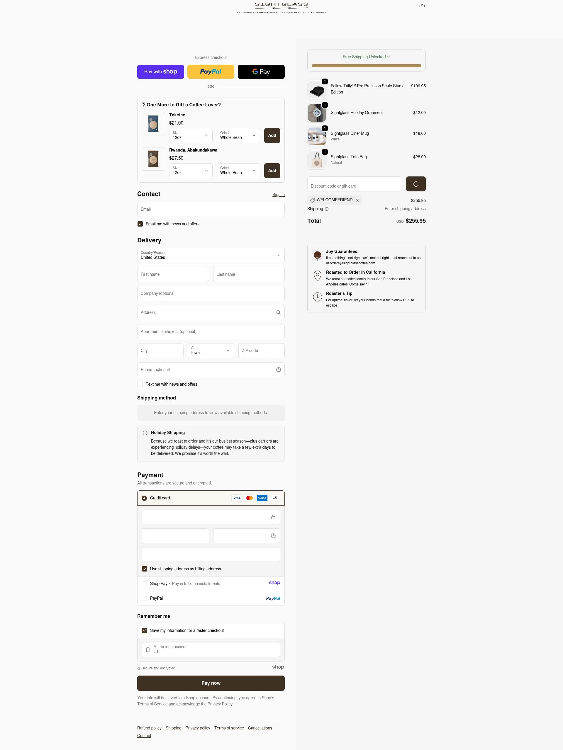 Sightglass Coffee checkout page showing Sightglass Coffee discount code box | Screenshot taken by SimplyCodes community member on Jan 7, 2026