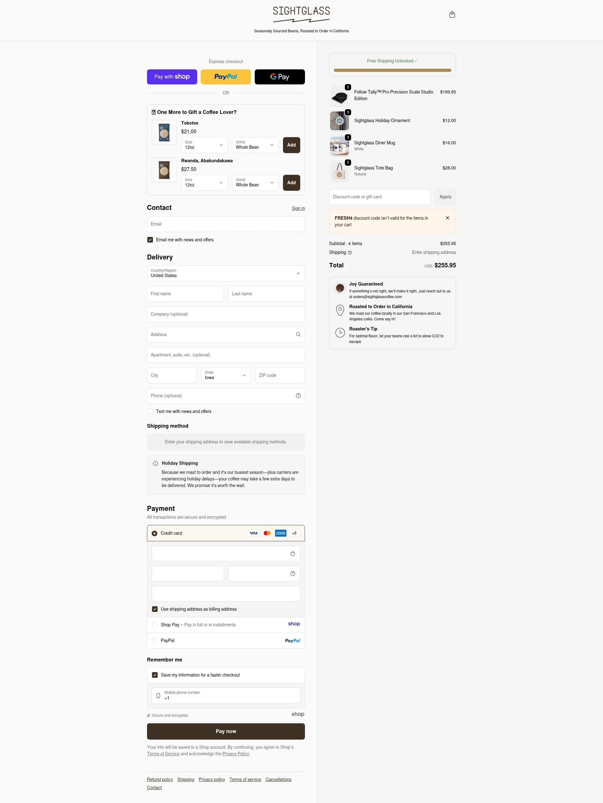Sightglass Coffee checkout page showing Sightglass Coffee discount code box | Screenshot taken by SimplyCodes community member on Jan 7, 2026