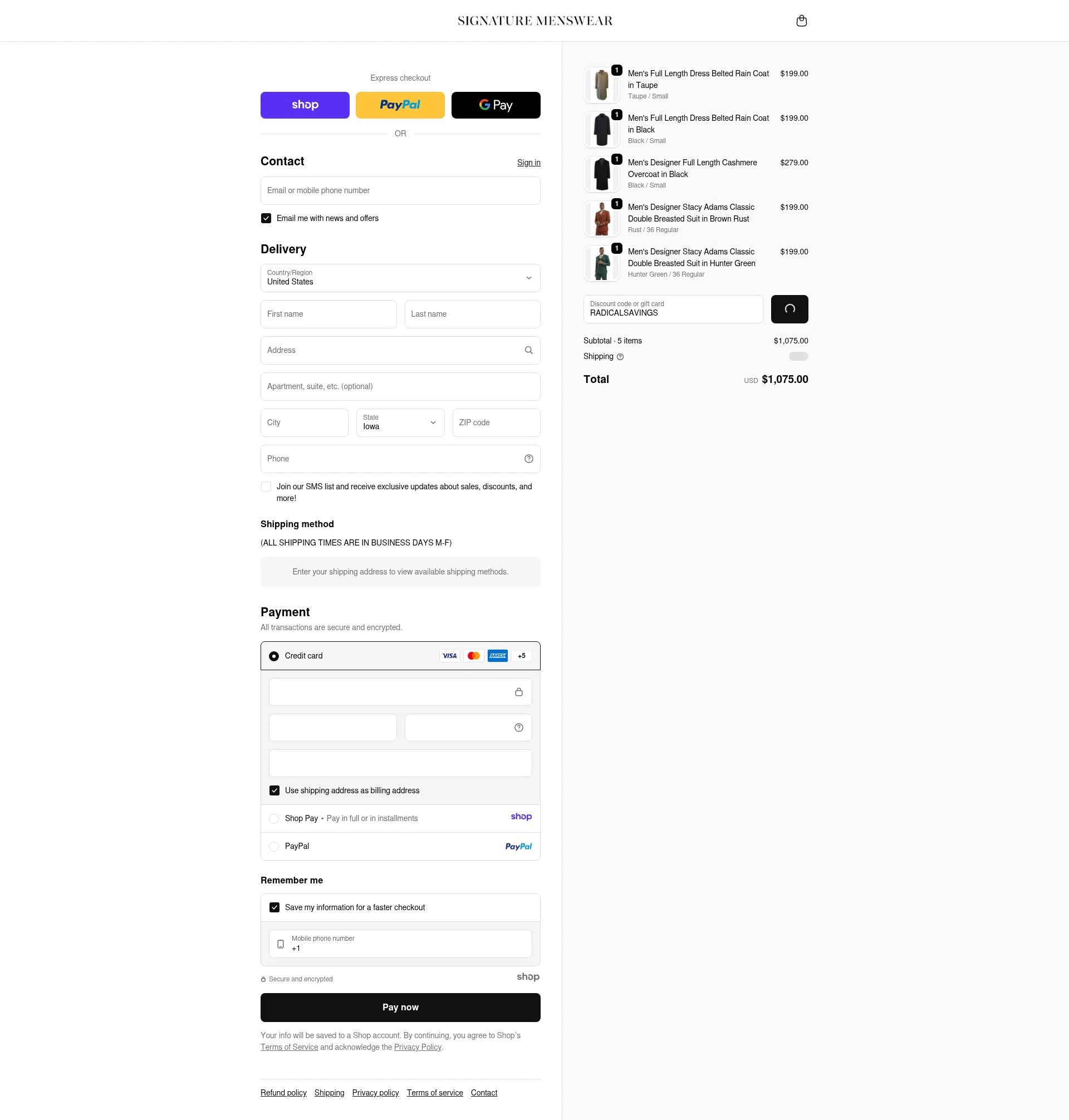 Signature Menswear checkout page showing Signature Menswear discount code box | Screenshot taken by SimplyCodes community member on Dec 29, 2025