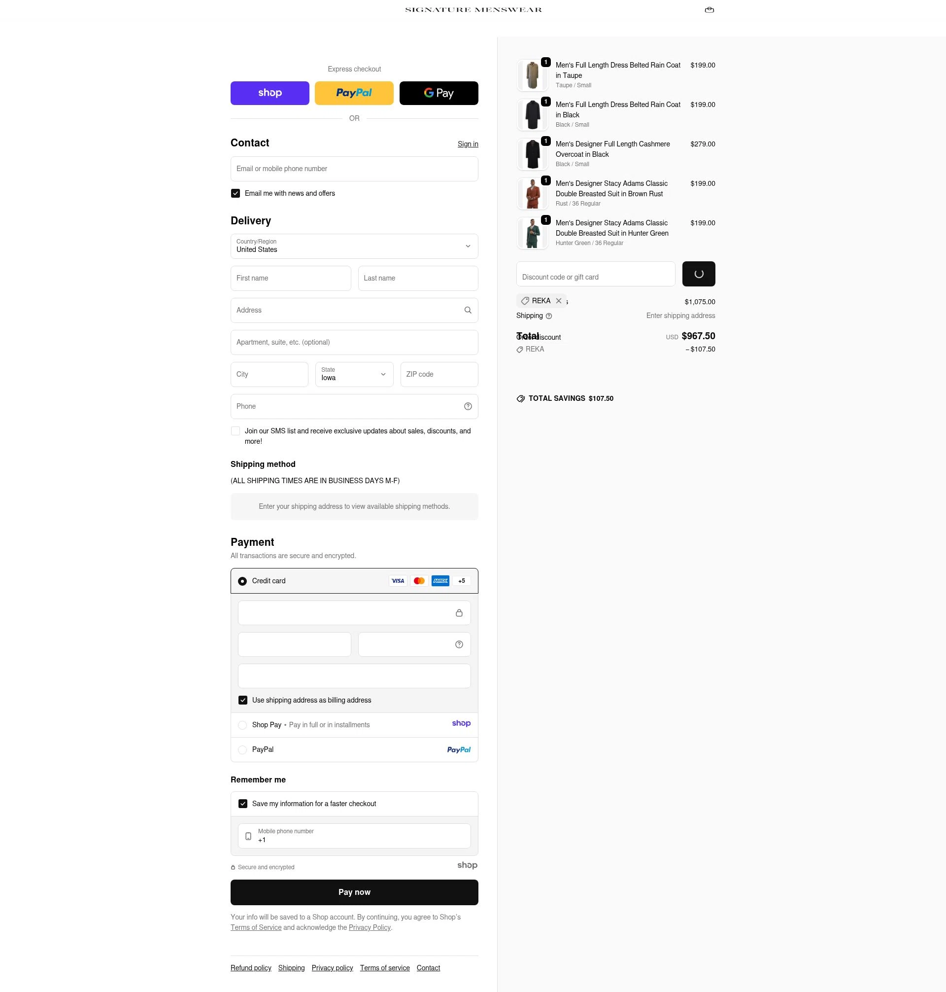 Signature Menswear checkout page showing Signature Menswear discount code box | Screenshot taken by SimplyCodes community member on Dec 29, 2025