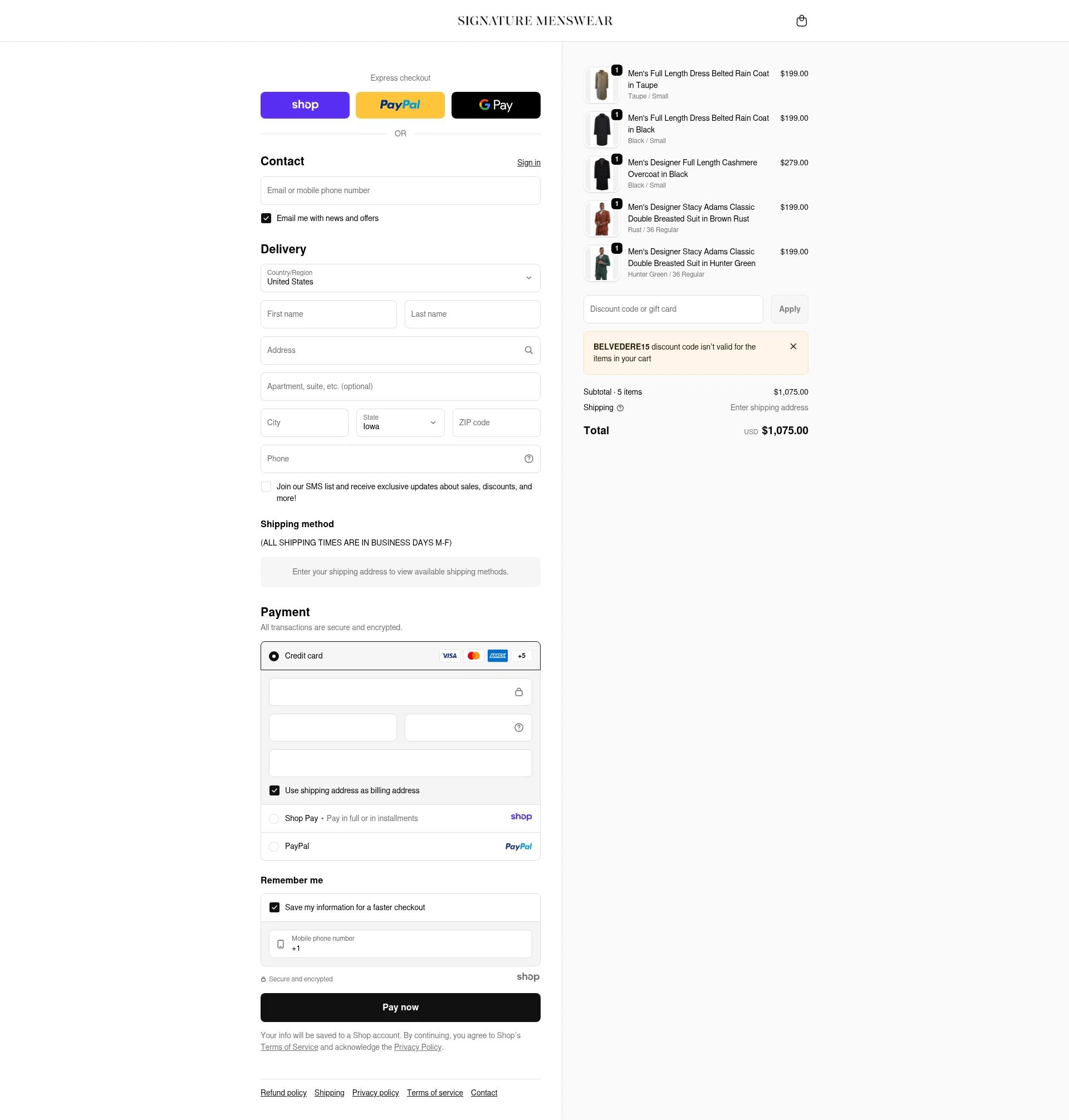 Signature Menswear checkout page showing Signature Menswear discount code box | Screenshot taken by SimplyCodes community member on Dec 29, 2025