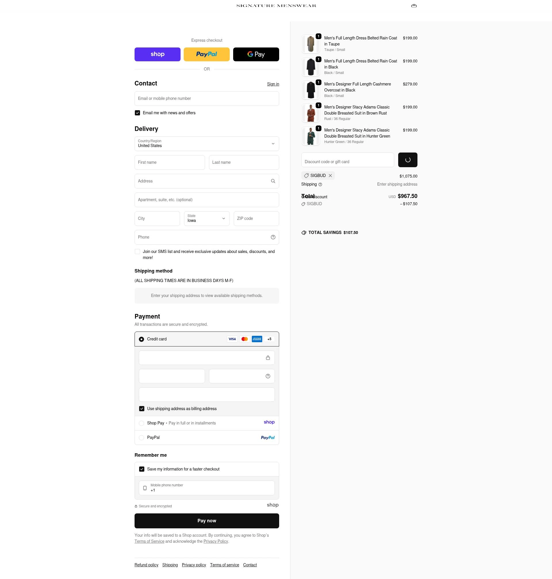 Signature Menswear checkout page showing Signature Menswear discount code box | Screenshot taken by SimplyCodes community member on Dec 29, 2025