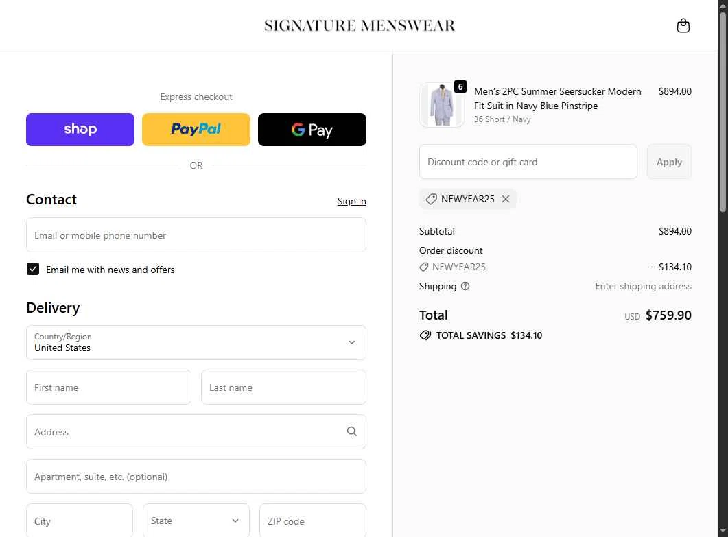 Signature Menswear checkout page showing Signature Menswear discount code box | Screenshot taken by SimplyCodes community member on Dec 31, 2025