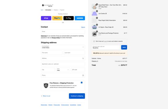 Signal Relief checkout page showing Signal Relief discount code box | Screenshot taken by SimplyCodes community member on Sep 12, 2025