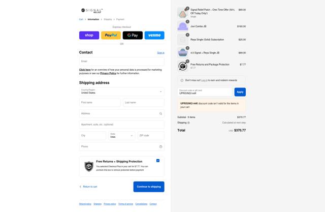 Signal Relief checkout page showing Signal Relief discount code box | Screenshot taken by SimplyCodes community member on Sep 12, 2025