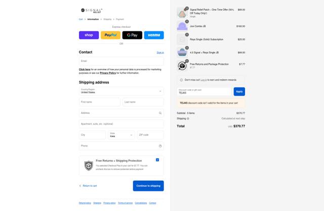 Signal Relief checkout page showing Signal Relief discount code box | Screenshot taken by SimplyCodes community member on Sep 12, 2025