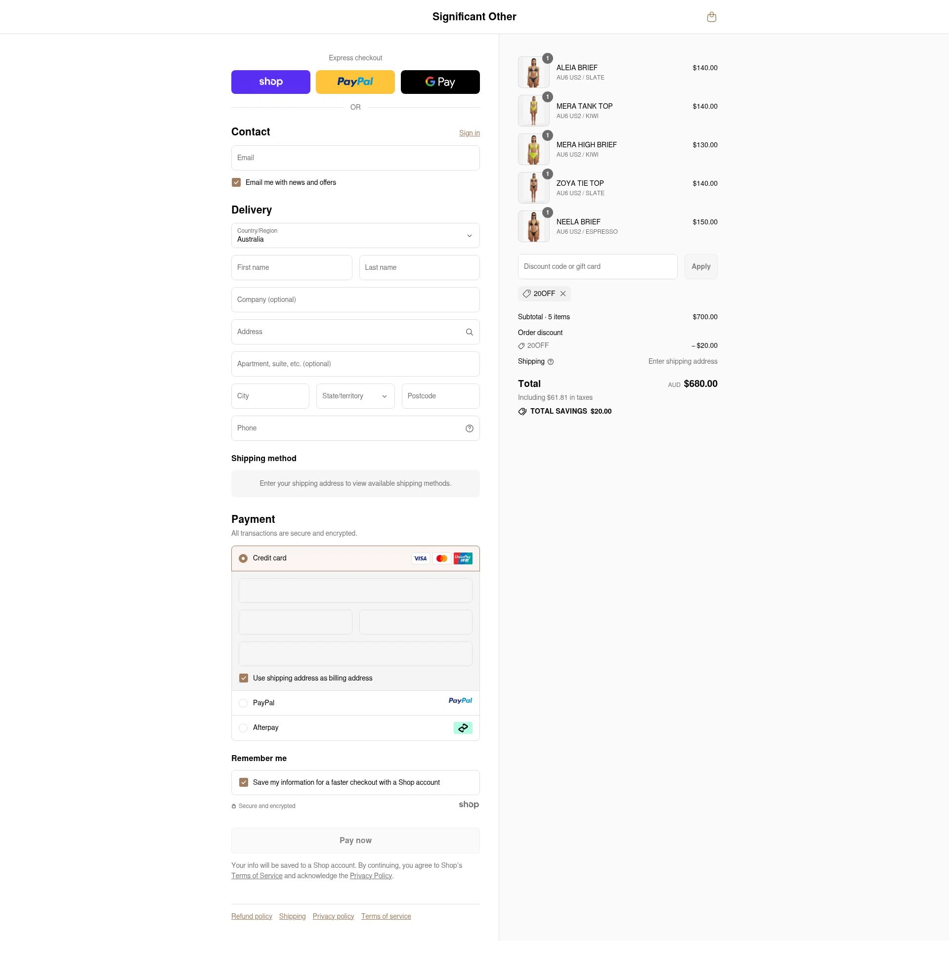 Significant Other checkout page showing Significant Other discount code box | Screenshot taken by SimplyCodes community member on Sep 10, 2025