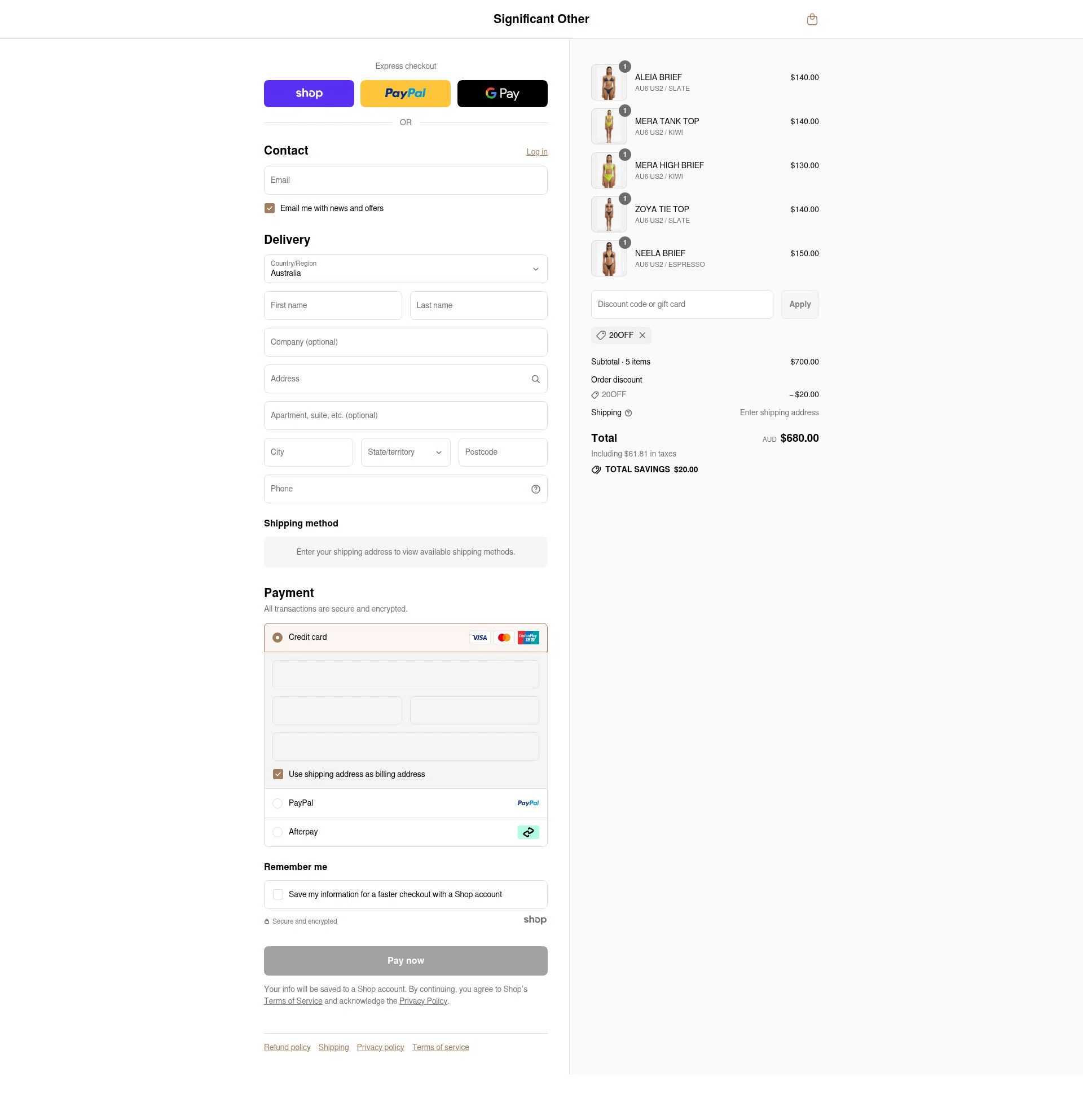 Significant Other checkout page showing Significant Other discount code box | Screenshot taken by SimplyCodes community member on Sep 1, 2025