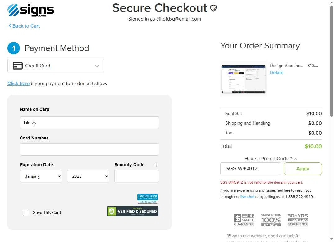 Signs.com checkout page showing Signs.com promo code box | Screenshot taken by SimplyCodes community member on Aug 4, 2025