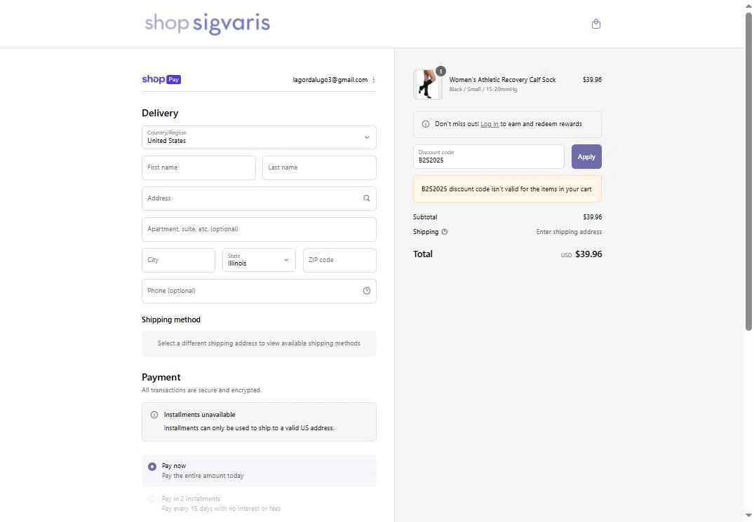 Sigvaris checkout page showing Sigvaris discount code box | Screenshot taken by SimplyCodes community member on Aug 19, 2025