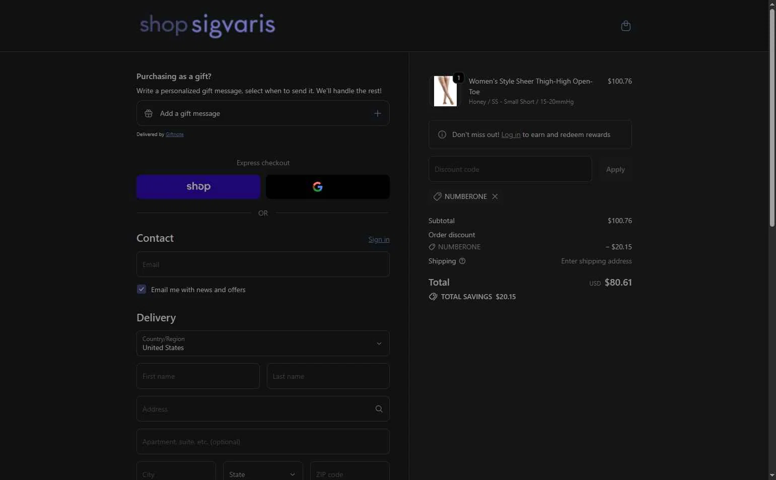 Sigvaris checkout page showing Sigvaris discount code box | Screenshot taken by SimplyCodes community member on Dec 20, 2025
