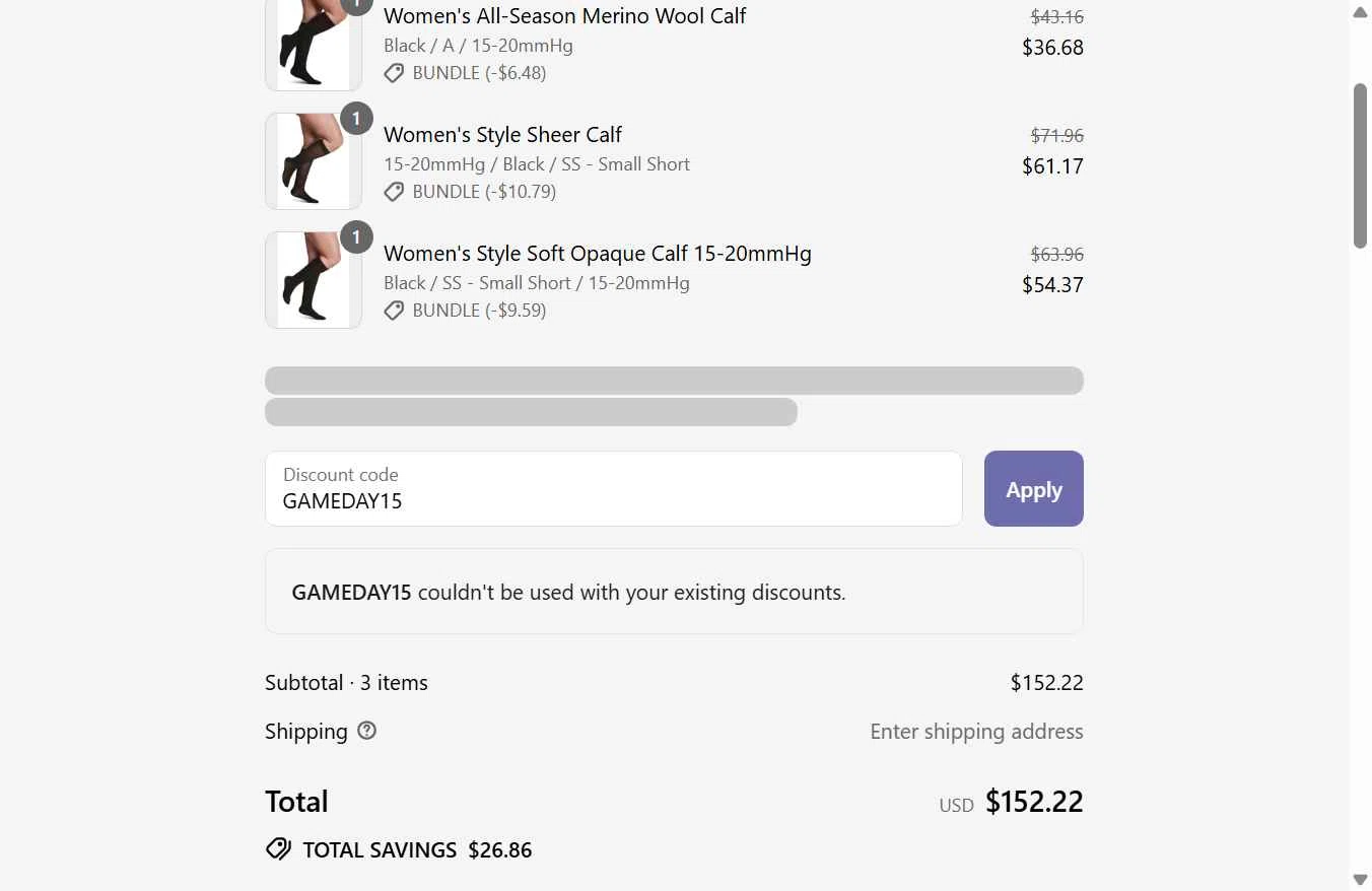 Sigvaris checkout page showing Sigvaris discount code box | Screenshot taken by SimplyCodes community member on Aug 23, 2025