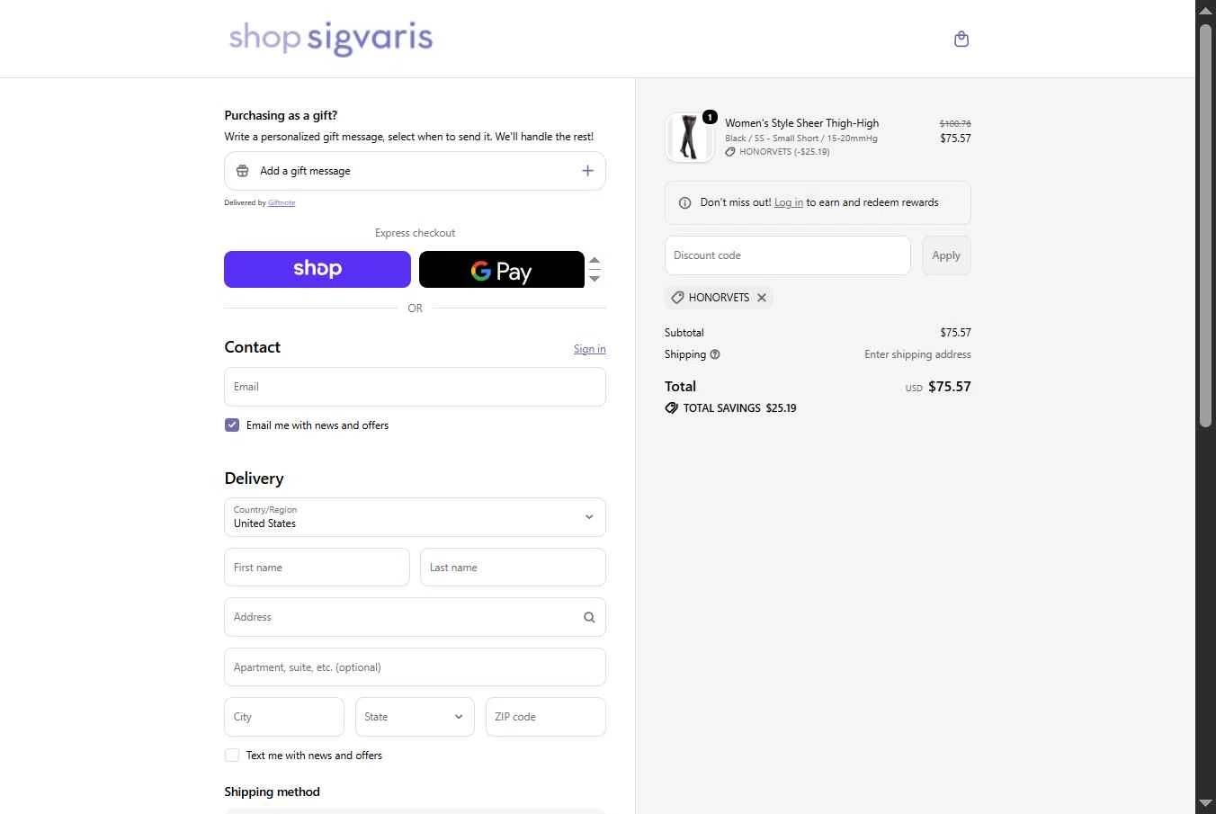 Sigvaris checkout page showing Sigvaris discount code box | Screenshot taken by SimplyCodes community member on Nov 11, 2025