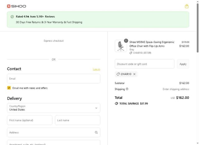 Sihoo checkout page showing Sihoo discount code box | Screenshot taken by SimplyCodes community member on Sep 4, 2025