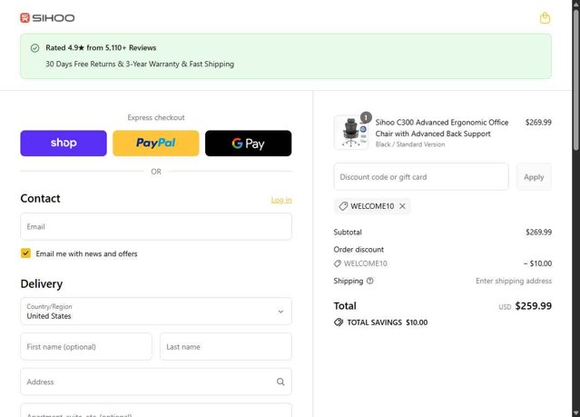Sihoo checkout page showing Sihoo discount code box | Screenshot taken by SimplyCodes community member on Sep 3, 2025