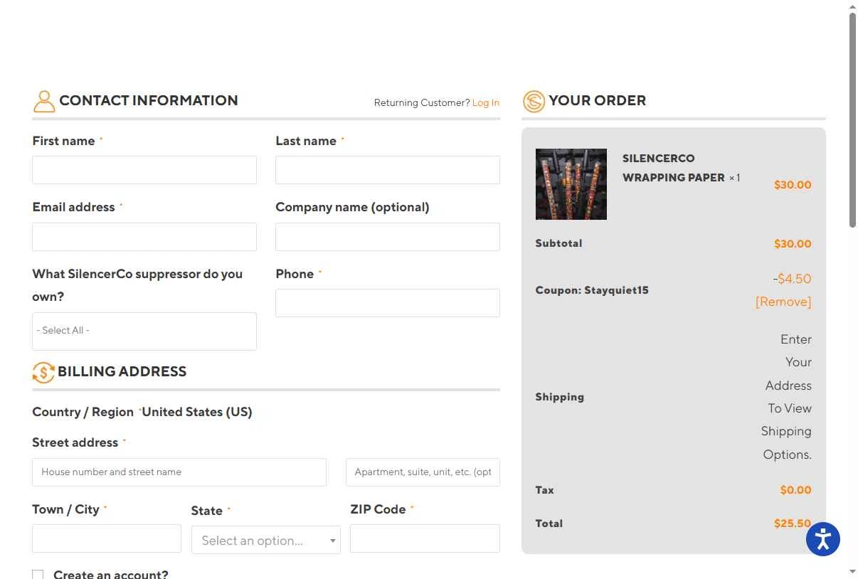 SilencerCo checkout page showing SilencerCo promo code box | Screenshot taken by SimplyCodes community member on Dec 18, 2025