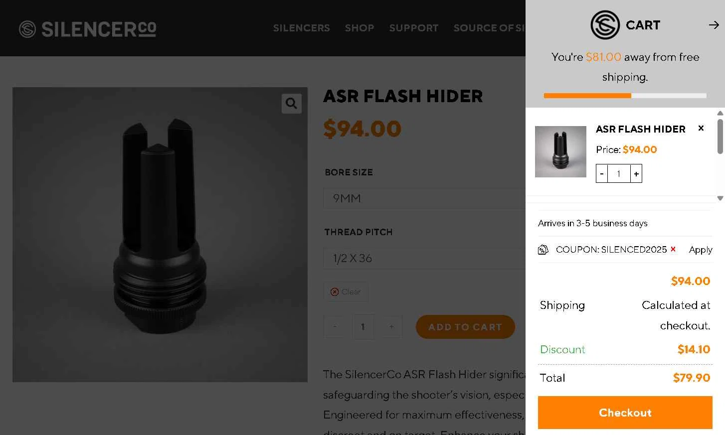 SilencerCo checkout page showing SilencerCo promo code box | Screenshot taken by SimplyCodes community member on Dec 12, 2025
