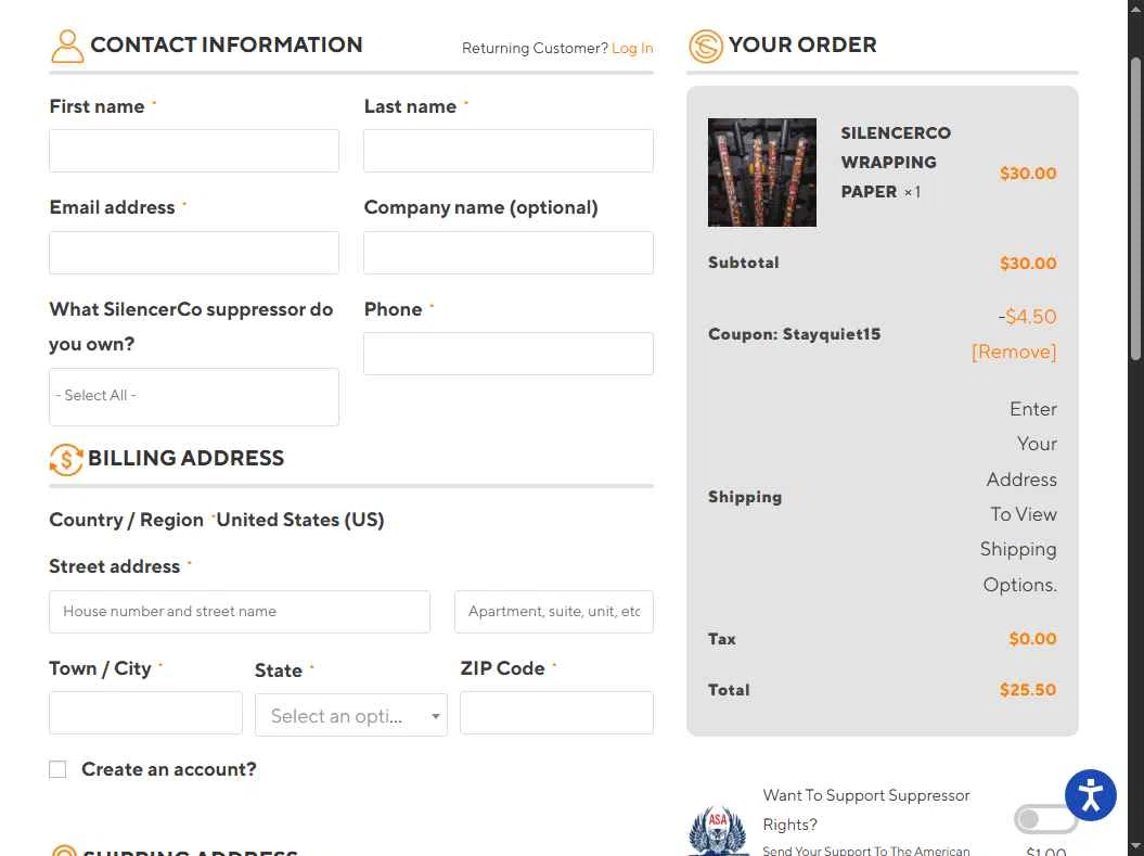 SilencerCo checkout page showing SilencerCo promo code box | Screenshot taken by SimplyCodes community member on Dec 26, 2025