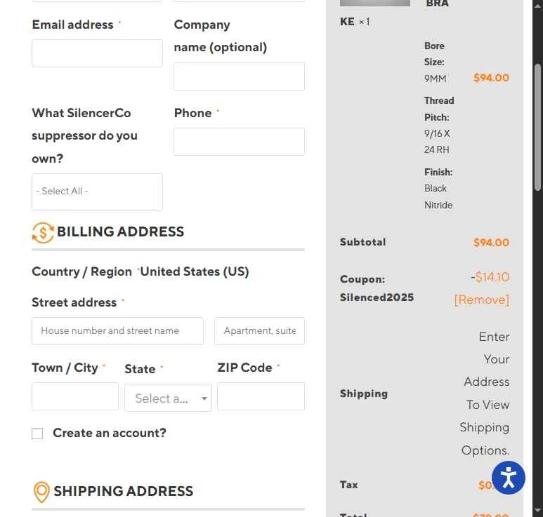 SilencerCo checkout page showing SilencerCo promo code box | Screenshot taken by SimplyCodes community member on Feb 8, 2026