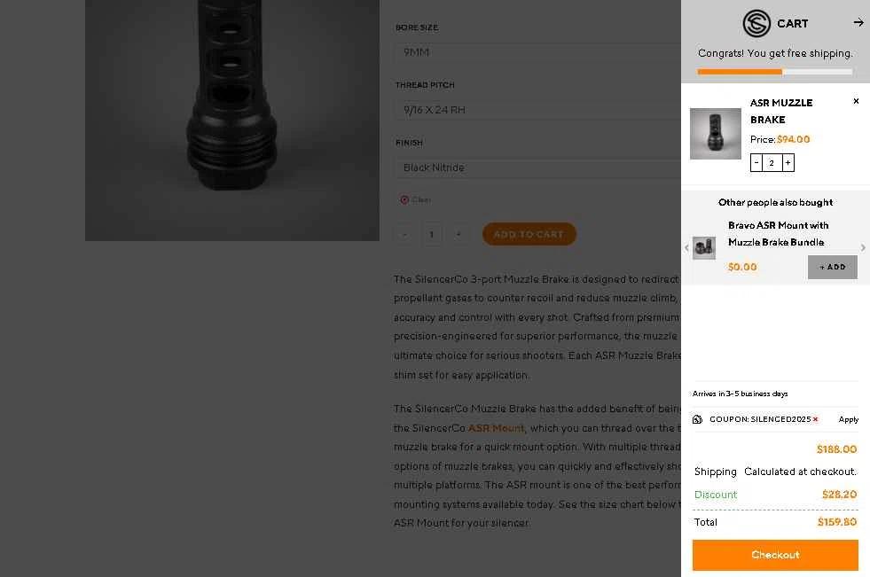 SilencerCo checkout page showing SilencerCo promo code box | Screenshot taken by SimplyCodes community member on Feb 8, 2026