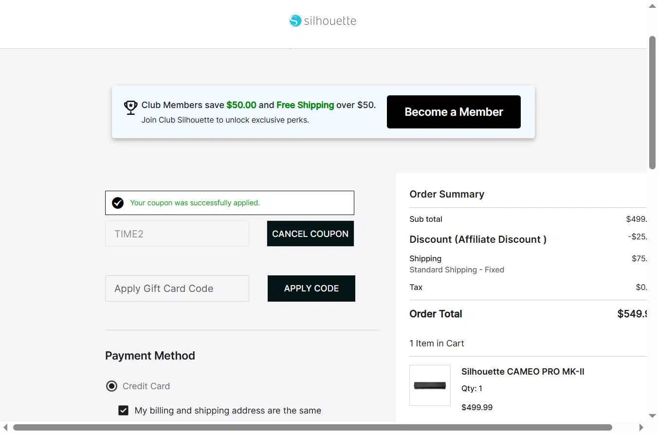Silhouette America checkout page showing Silhouette America discount code box | Screenshot taken by SimplyCodes community member on Dec 31, 2025