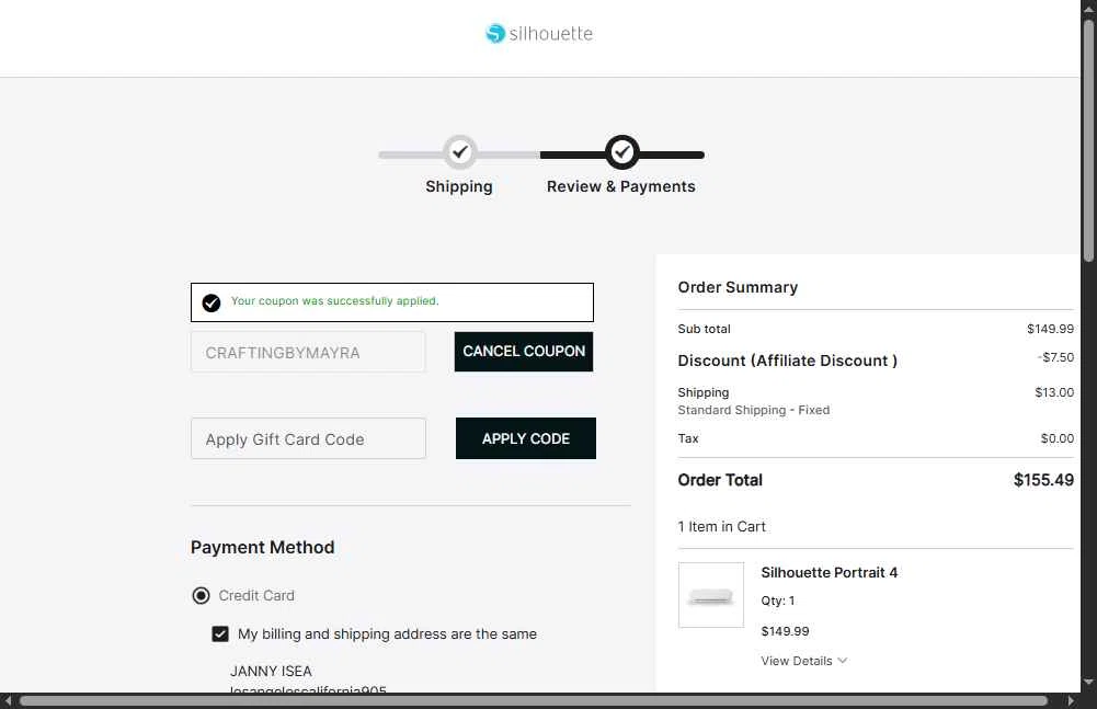 Silhouette America checkout page showing Silhouette America discount code box | Screenshot taken by SimplyCodes community member on Dec 16, 2025