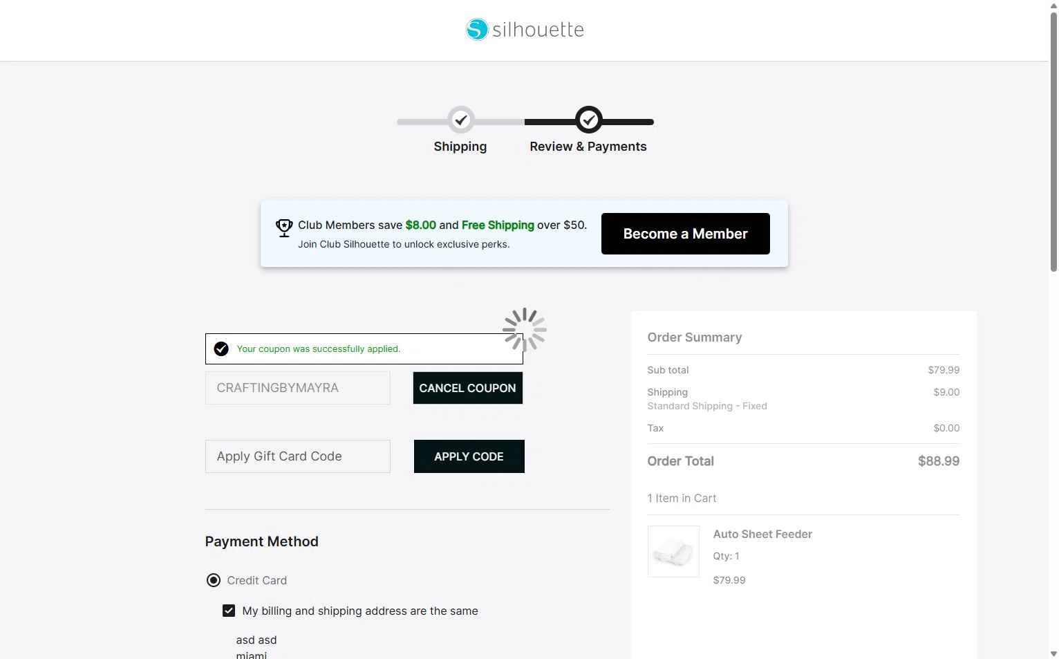 Silhouette America checkout page showing Silhouette America discount code box | Screenshot taken by SimplyCodes community member on Dec 30, 2025