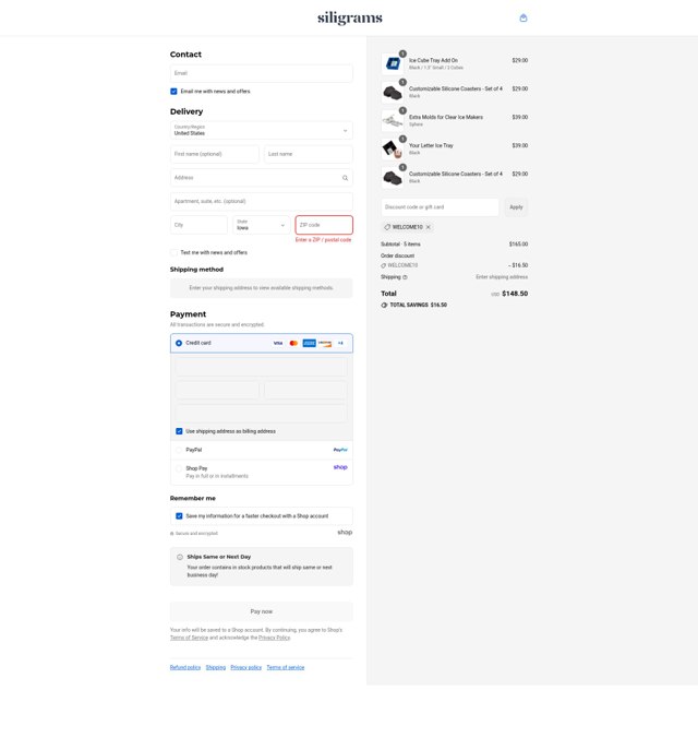 Siligrams checkout page showing Siligrams discount code box | Screenshot taken by SimplyCodes community member on Sep 7, 2025