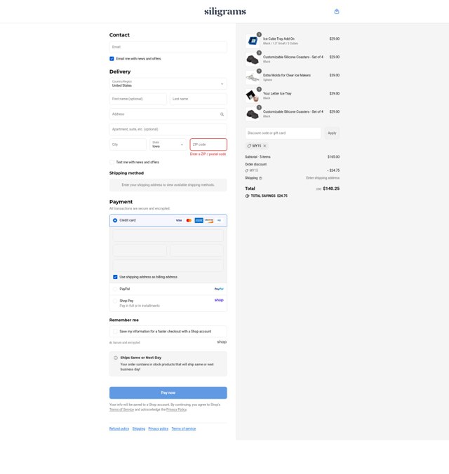 Siligrams checkout page showing Siligrams discount code box | Screenshot taken by SimplyCodes community member on Sep 7, 2025