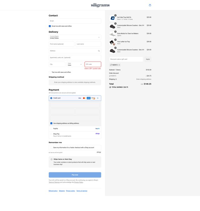 Siligrams checkout page showing Siligrams discount code box | Screenshot taken by SimplyCodes community member on Sep 7, 2025
