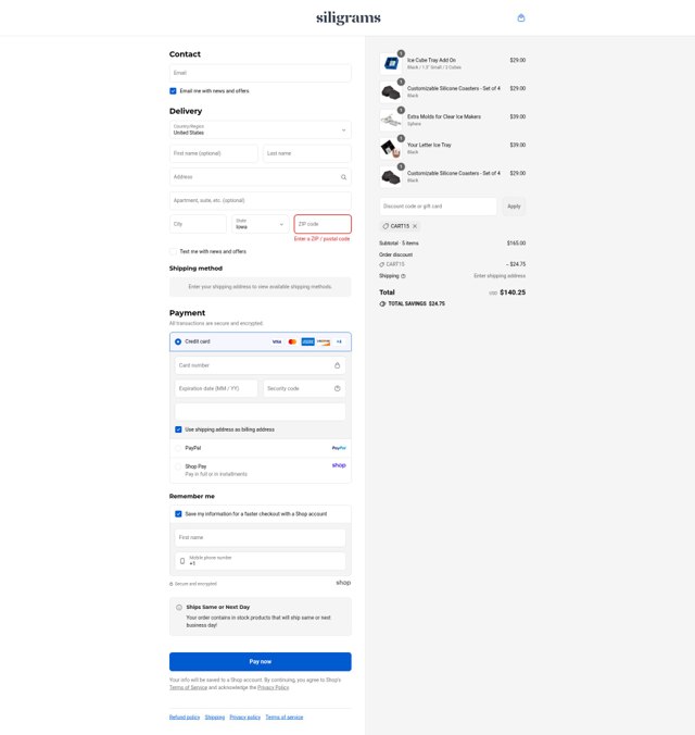 Siligrams checkout page showing Siligrams discount code box | Screenshot taken by SimplyCodes community member on Sep 7, 2025
