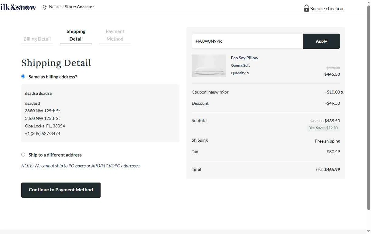 Silk and Snow checkout page showing Silk and Snow coupon code box | Screenshot taken by SimplyCodes community member on Oct 15, 2025