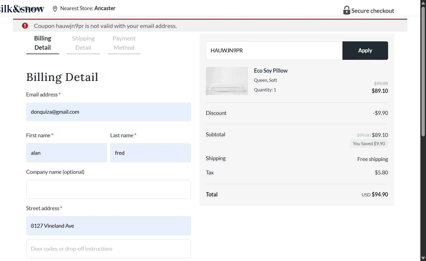 Silk and Snow checkout page showing Silk and Snow coupon code box | Screenshot taken by SimplyCodes community member on Oct 21, 2025