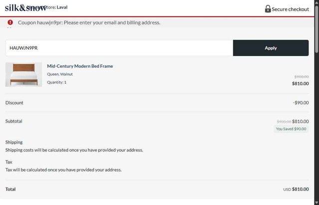Silk and Snow checkout page showing Silk and Snow coupon code box | Screenshot taken by SimplyCodes community member on Aug 5, 2025