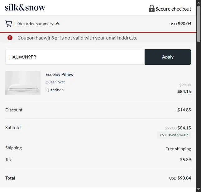 Silk and Snow checkout page showing Silk and Snow coupon code box | Screenshot taken by SimplyCodes community member on Oct 8, 2025
