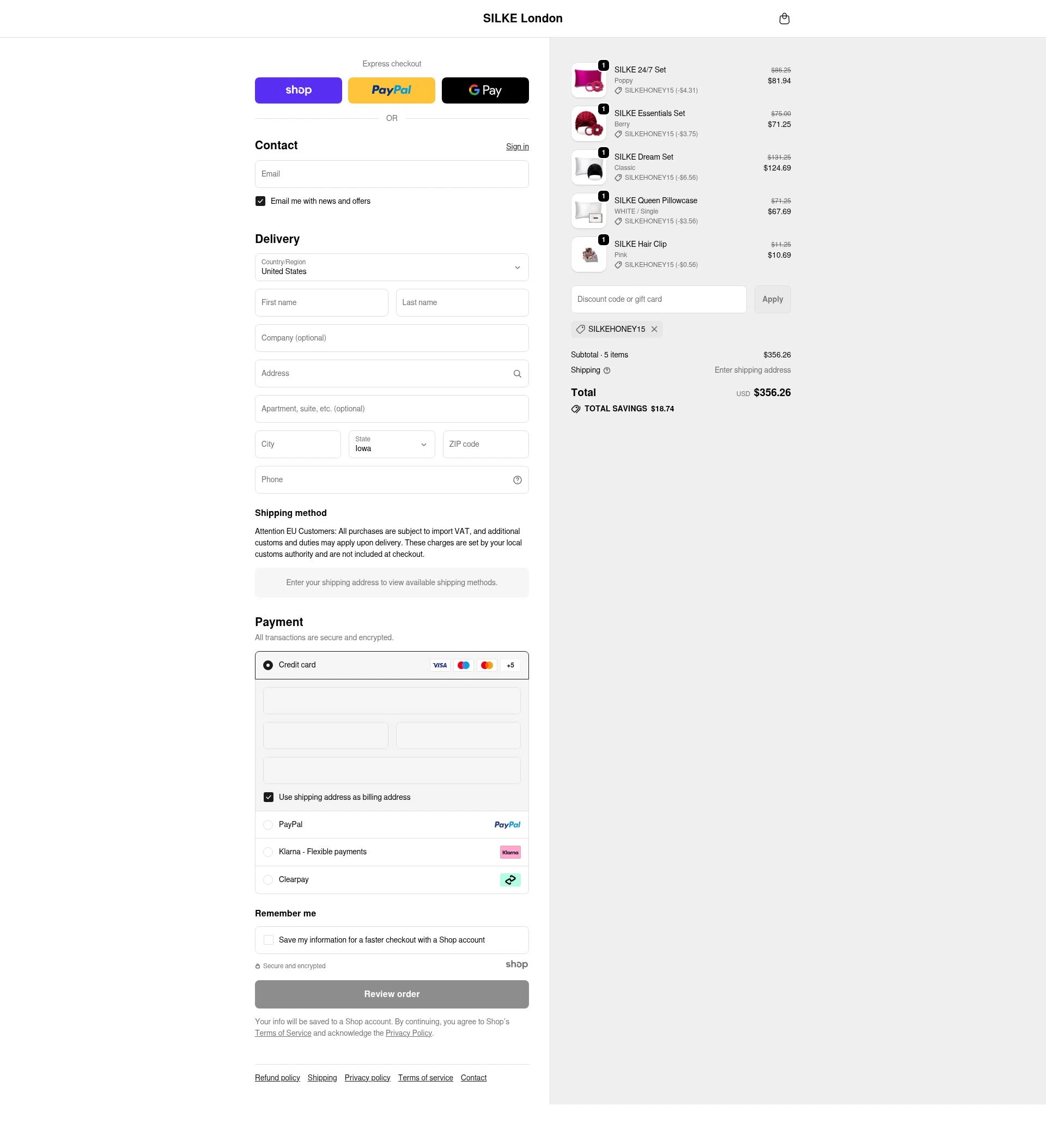Silke London checkout page showing Silke London promo code box | Screenshot taken by SimplyCodes community member on Nov 25, 2025