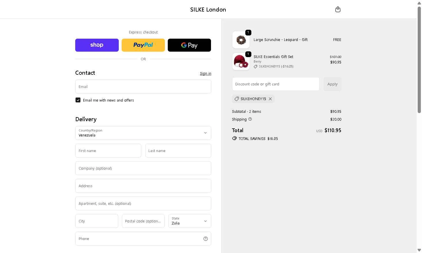 Silke London checkout page showing Silke London promo code box | Screenshot taken by SimplyCodes community member on Dec 6, 2025