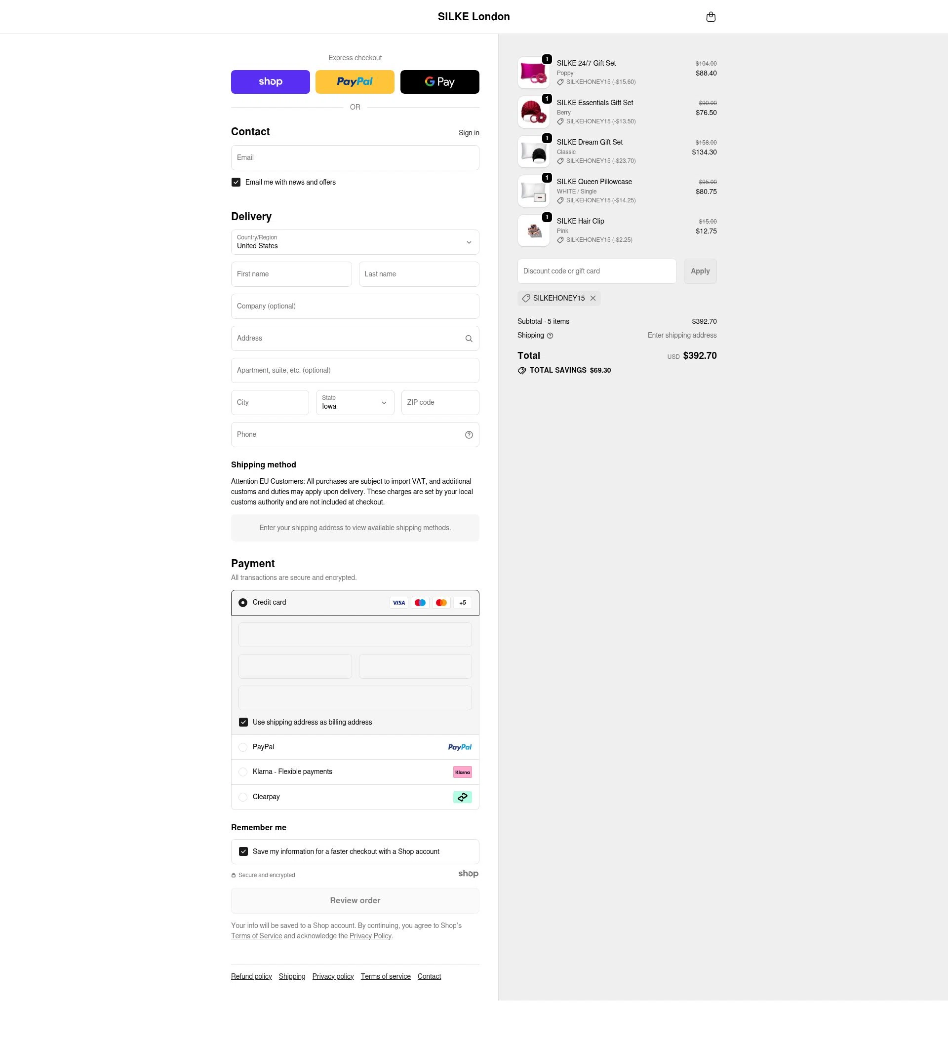 Silke London checkout page showing Silke London promo code box | Screenshot taken by SimplyCodes community member on Dec 11, 2025