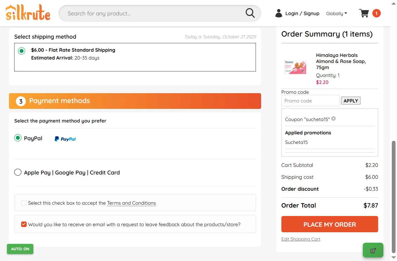 Silkrute checkout page showing Silkrute promo code box | Screenshot taken by SimplyCodes community member on Oct 21, 2025