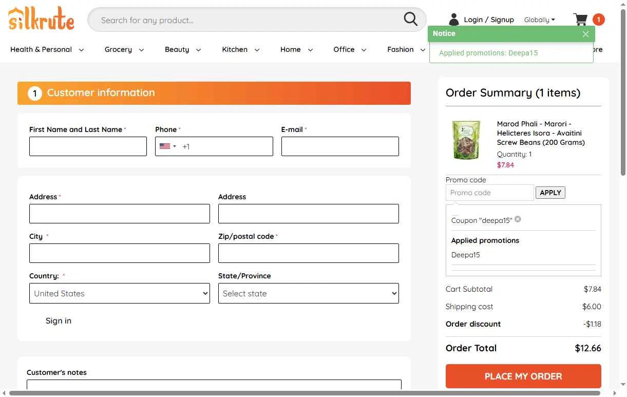 Silkrute checkout page showing Silkrute promo code box | Screenshot taken by SimplyCodes community member on Jan 15, 2026