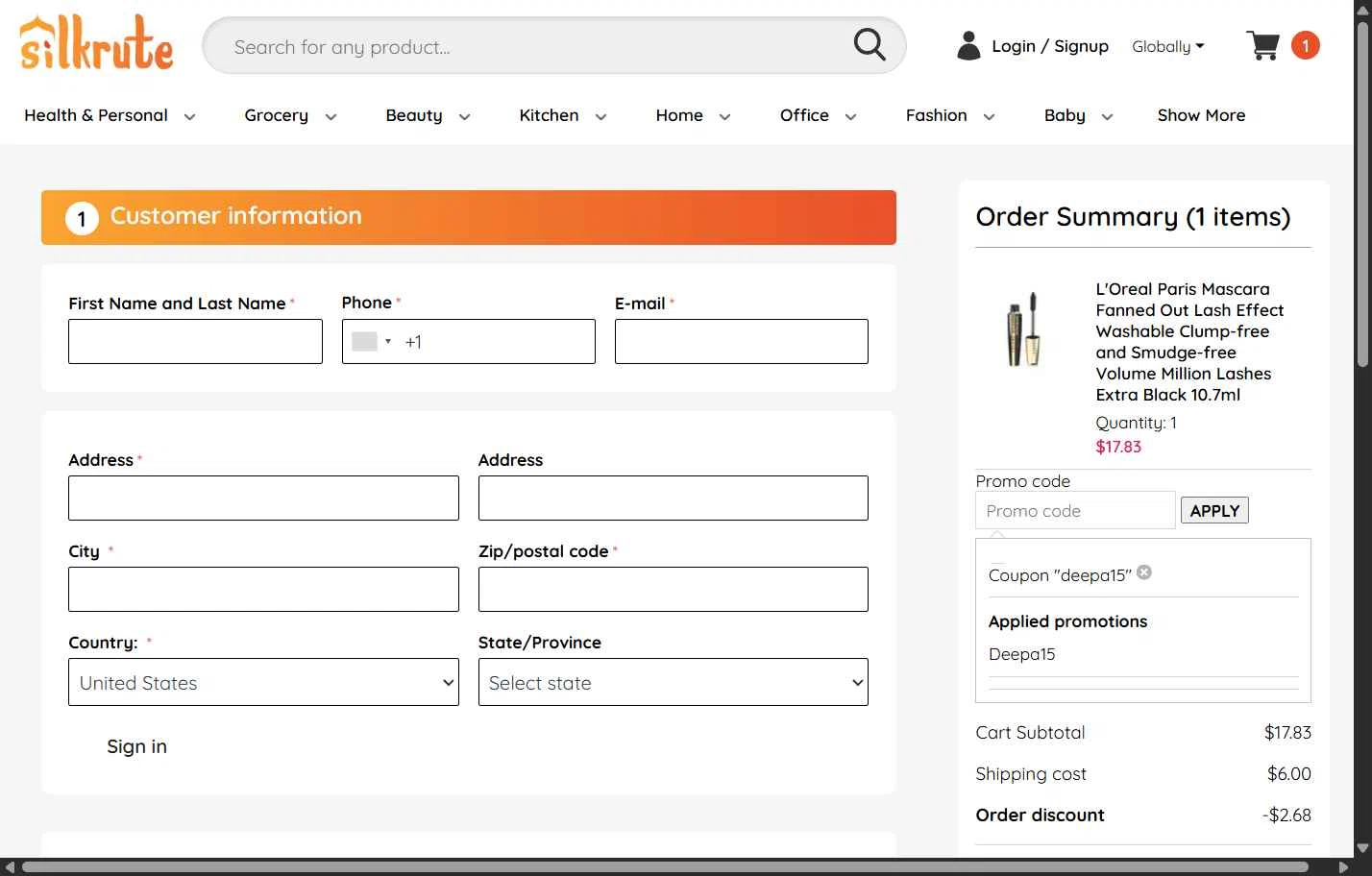 Silkrute checkout page showing Silkrute promo code box | Screenshot taken by SimplyCodes community member on Jan 10, 2026