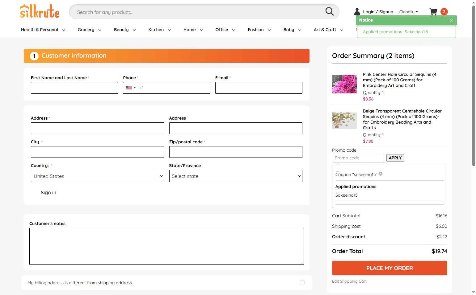 Silkrute checkout page showing Silkrute promo code box | Screenshot taken by SimplyCodes community member on Dec 18, 2025