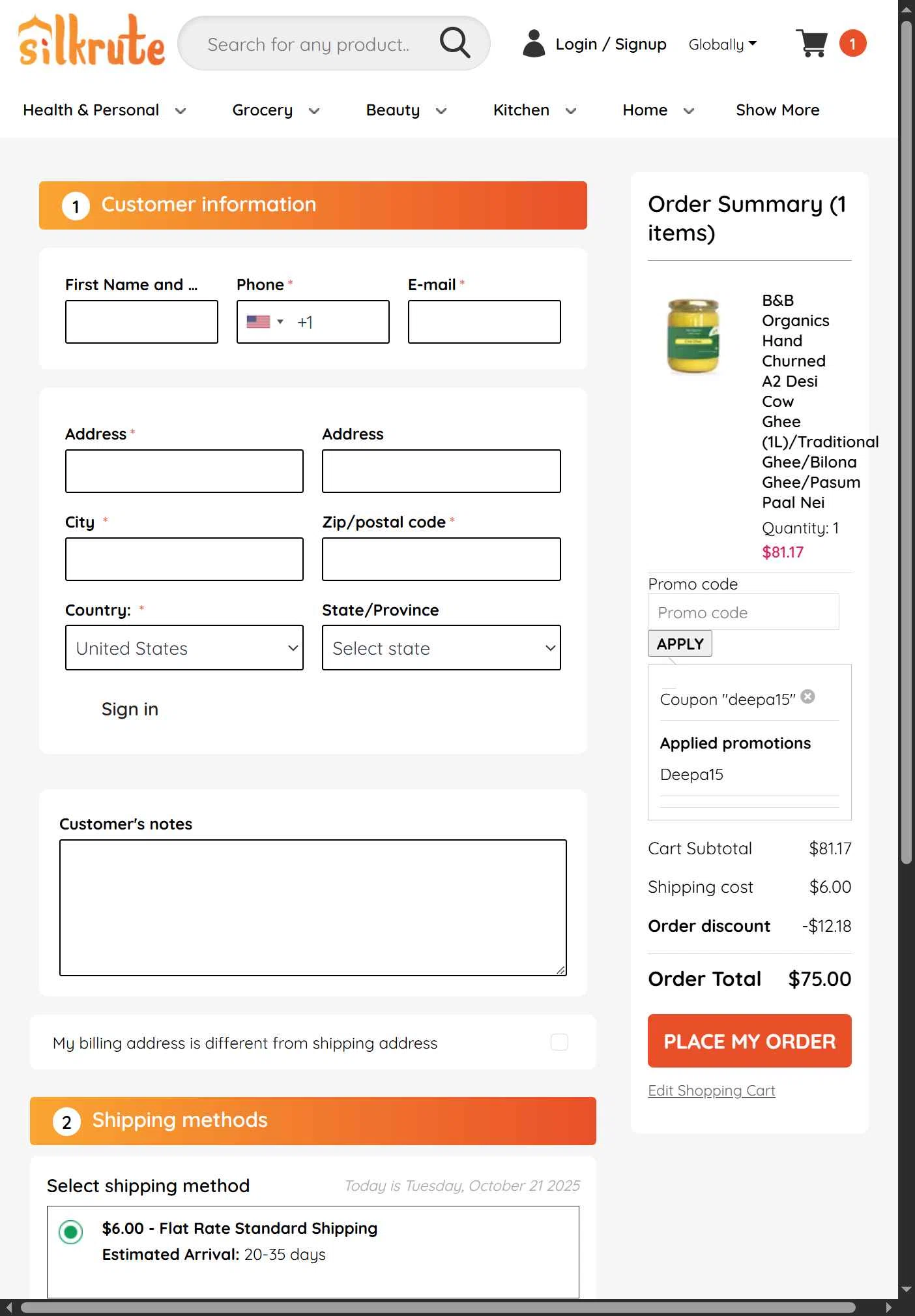 Silkrute checkout page showing Silkrute promo code box | Screenshot taken by SimplyCodes community member on Oct 21, 2025