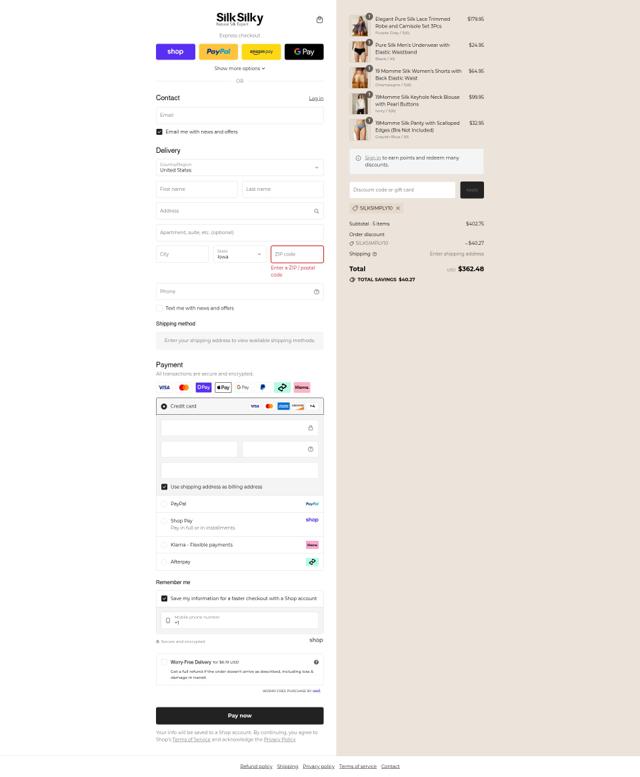 SilkSilky checkout page showing SilkSilky discount code box | Screenshot taken by SimplyCodes community member on Sep 6, 2025