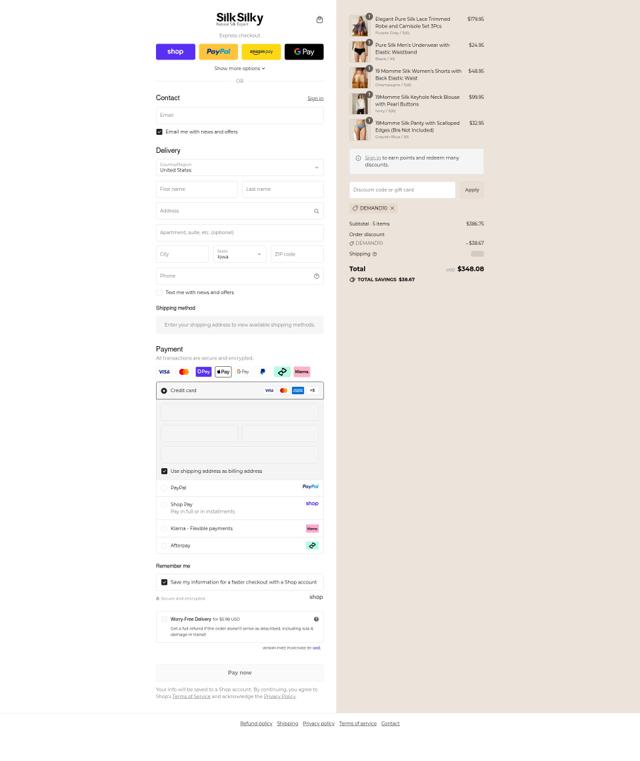 SilkSilky checkout page showing SilkSilky discount code box | Screenshot taken by SimplyCodes community member on Sep 10, 2025